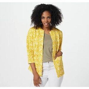 Isaac Mizrahi Live! Printed Open-Front Knit Jacquard Jacket Mustard,XL